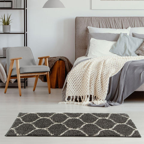 Gray and white geometric-patterned moroccan dark grey shaggy rug with soft plush texture for cozy living spaces
