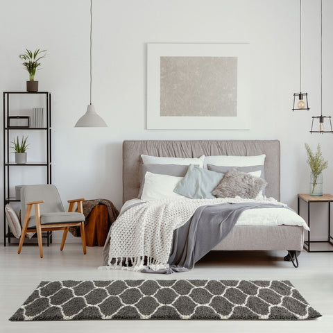 Moroccan dark grey shaggy rug with gray and white geometric pattern perfect for cozy modern spaces