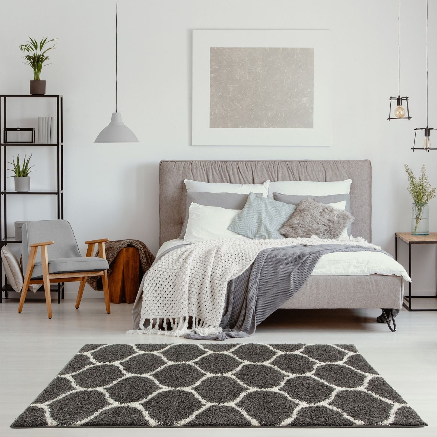 Gray and white geometric patterned moroccan dark grey shaggy area rug with soft texture for cozy living spaces