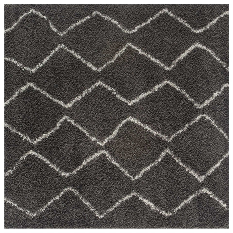 Moroccan dark grey shaggy rug with a geometric white zigzag pattern perfect for cozy living spaces
