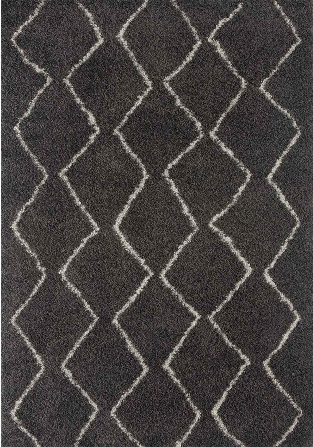 Moroccan dark grey shaggy rug with plush textured surface and bold white zigzag diamond patterns