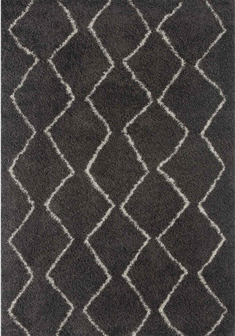 Moroccan dark grey shaggy rug with plush textured surface and bold white zigzag diamond patterns