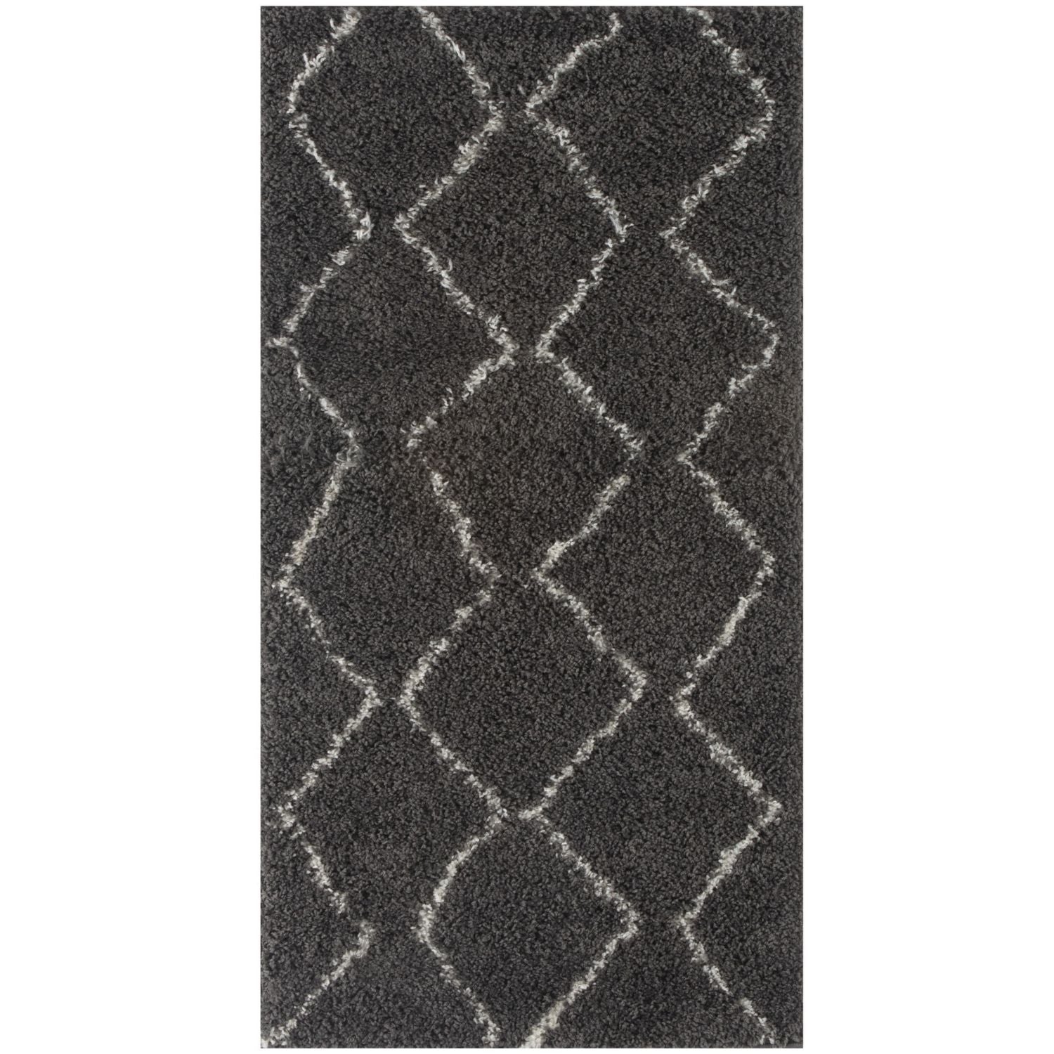 Moroccan dark grey shaggy rug with a geometric diamond pattern in lighter grey perfect for cozy spaces