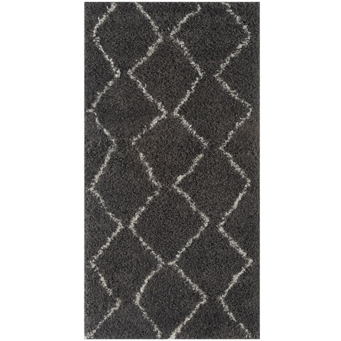 Moroccan dark grey shaggy rug with a geometric diamond pattern in lighter grey perfect for cozy spaces
