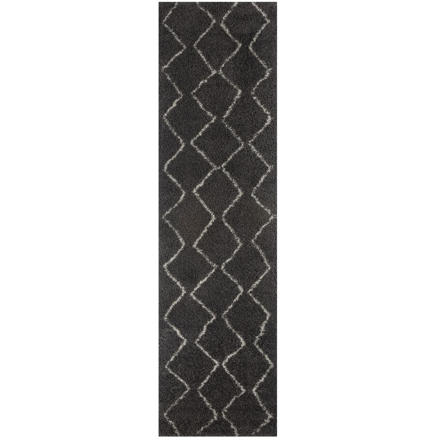 Moroccan dark grey shaggy area rug with plush texture and white diamond geometric pattern outlined in zigzag lines