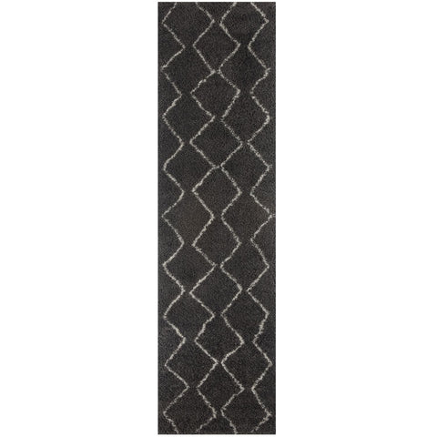 Moroccan dark grey shaggy area rug with plush texture and white diamond geometric pattern outlined in zigzag lines