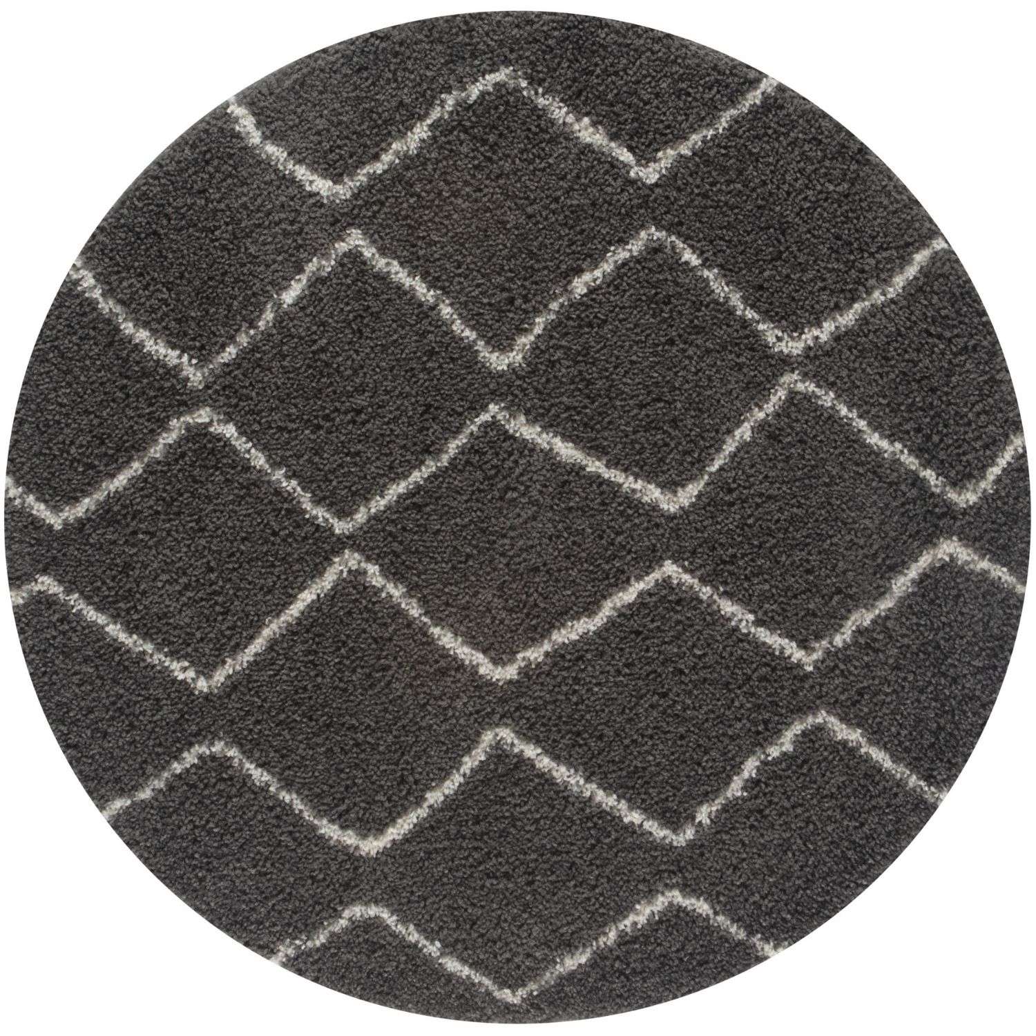 Dark grey shaggy moroccan rug with plush texture and white interlocking diamond geometric pattern circular design