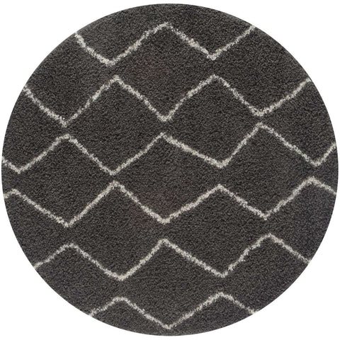 Dark grey shaggy moroccan rug with plush texture and white interlocking diamond geometric pattern circular design