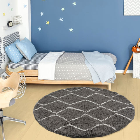 Gray circular moroccan dark grey shaggy rug with white geometric diamond pattern for cozy living spaces