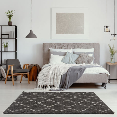 Moroccan dark grey shaggy rug with geometric pattern and white accent lines in soft area rug style