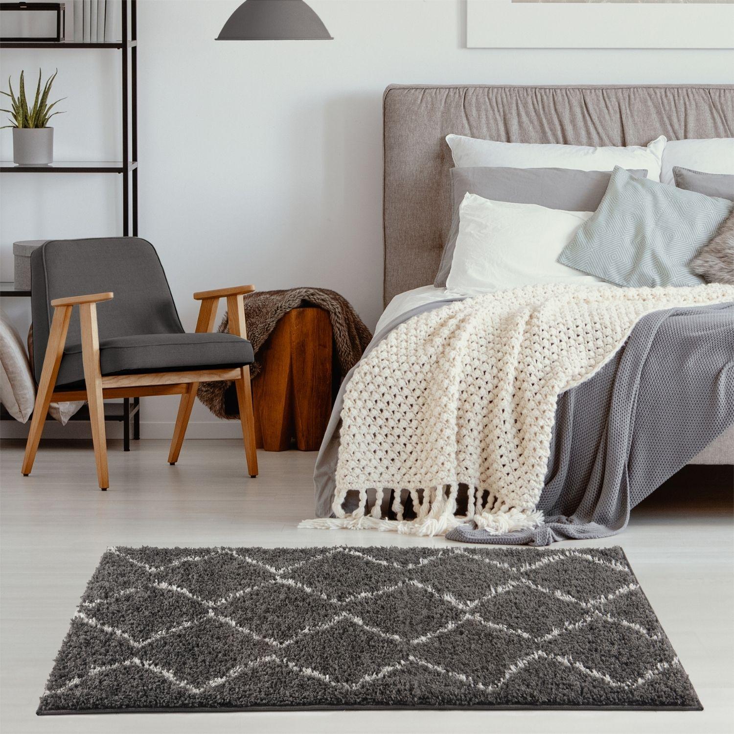 Moroccan dark grey shaggy rug with white geometric diamond pattern perfect for cozy living spaces