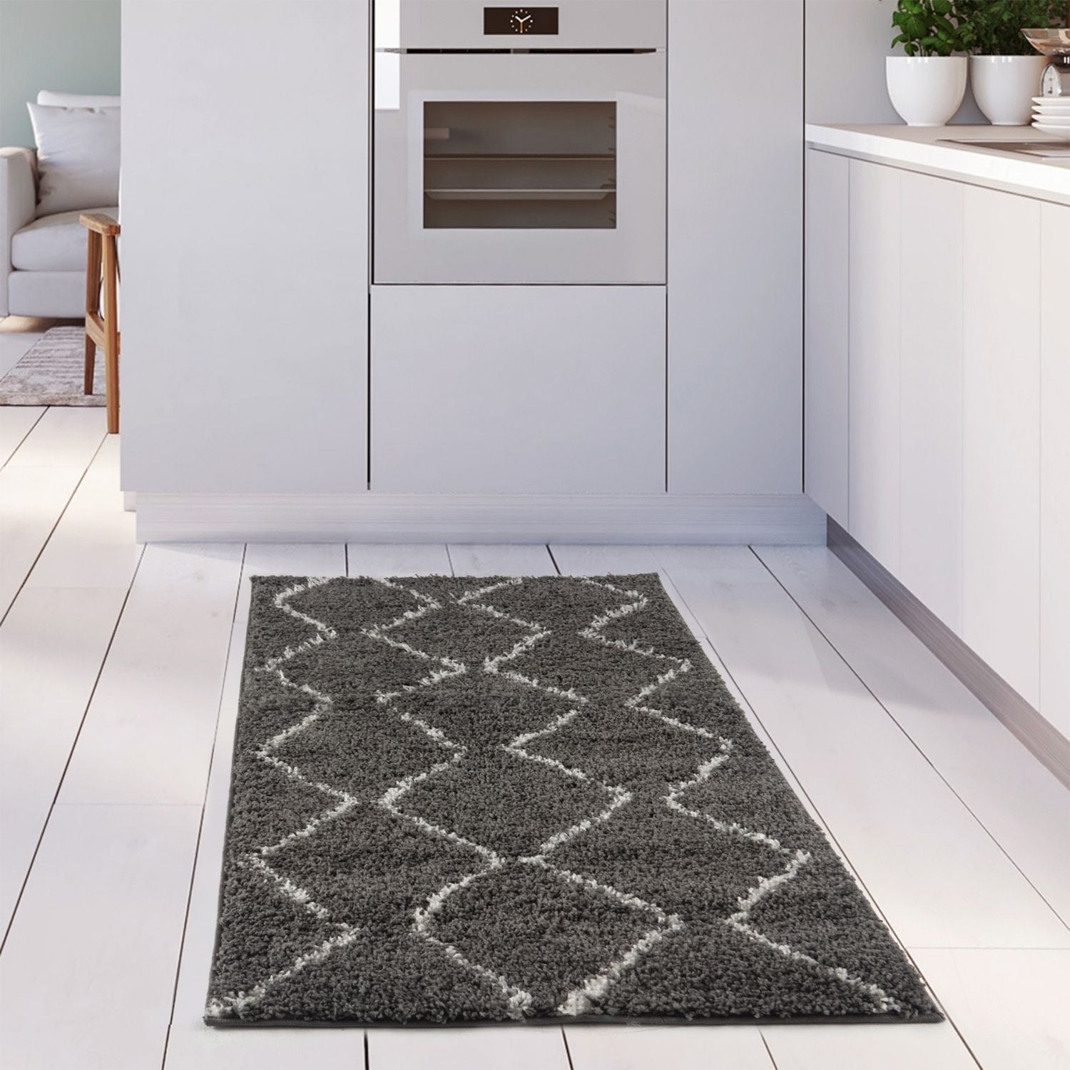Moroccan dark grey shaggy rug with white geometric diamond pattern for cozy living spaces
