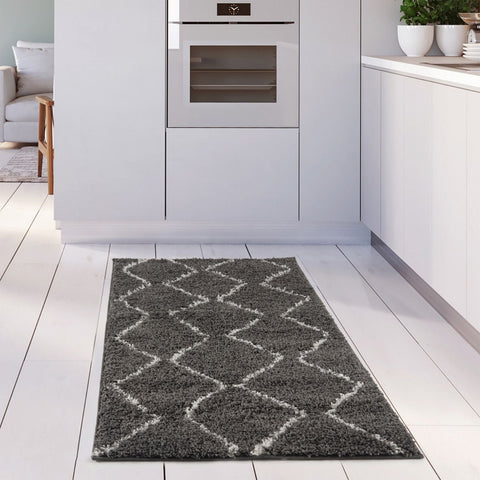 Moroccan dark grey shaggy rug with white geometric diamond pattern for cozy living spaces