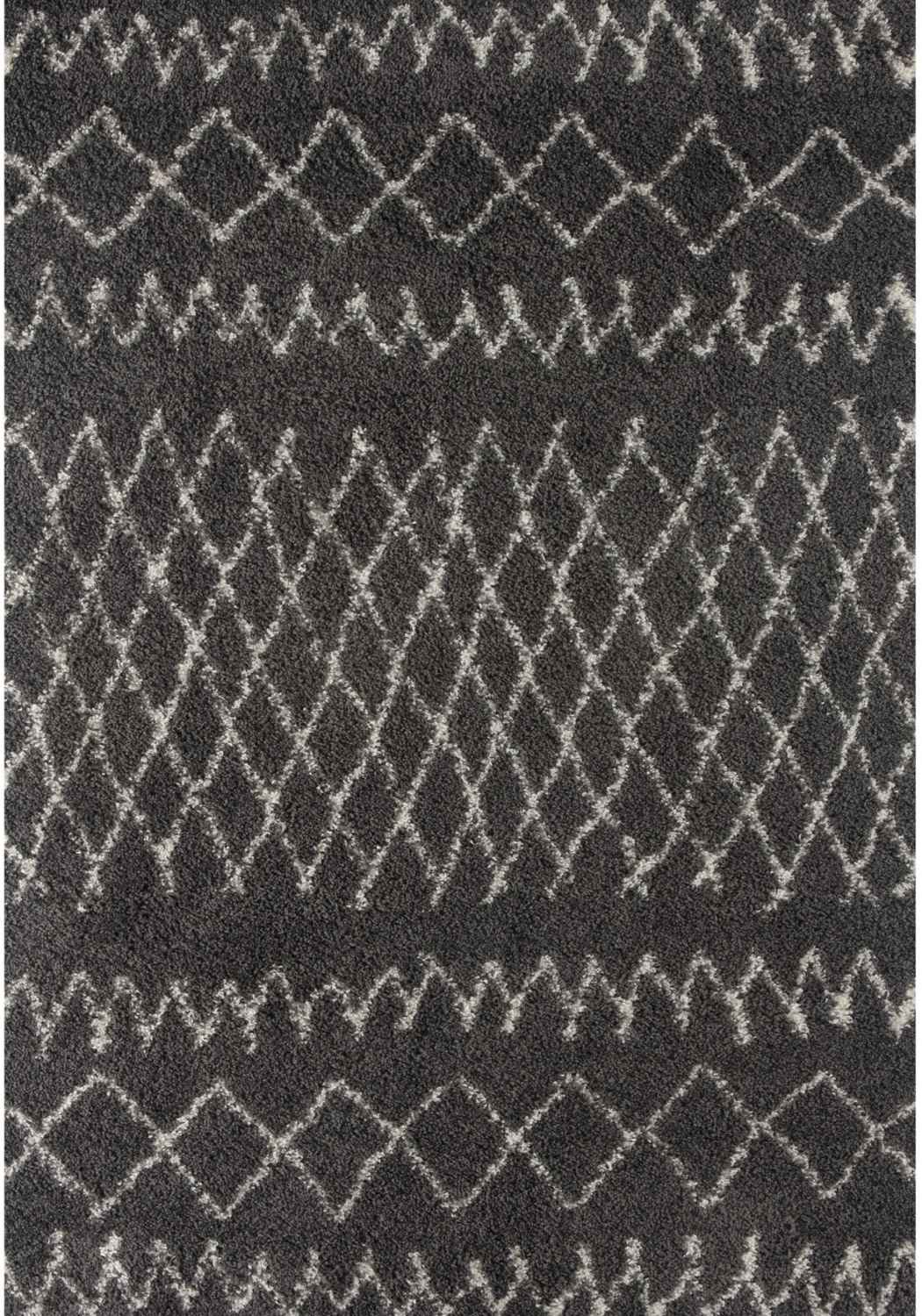 Moroccan dark grey shaggy rug with a plush textured surface and repeating lighter grey geometric patterns