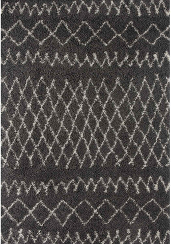 Moroccan dark grey shaggy rug with a plush textured surface and repeating lighter grey geometric patterns