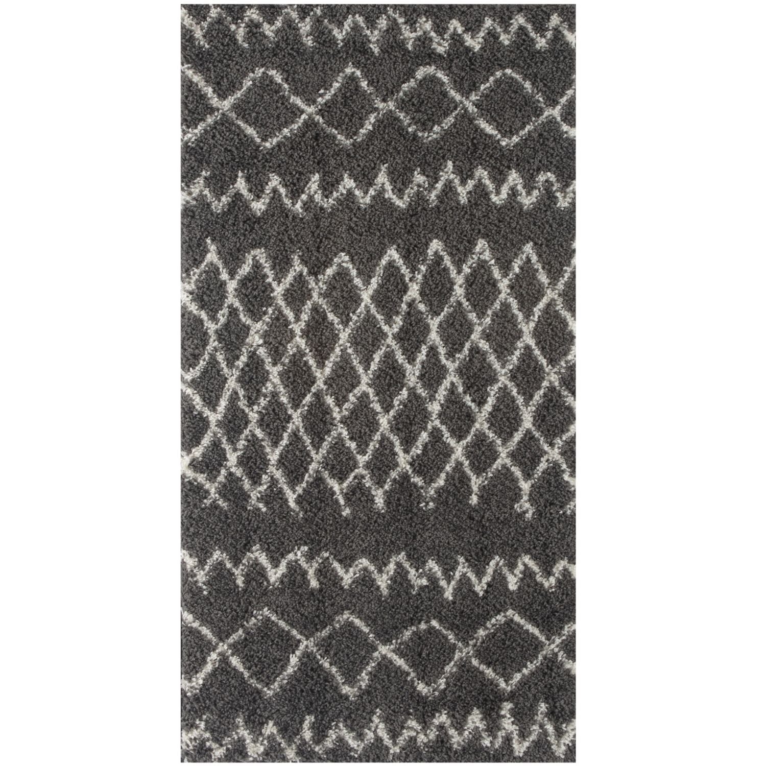Moroccan dark grey shaggy rug with white geometric diamond and zigzag patterns for cozy home decor