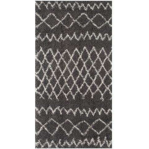 Moroccan dark grey shaggy rug with white geometric diamond and zigzag patterns for cozy home decor