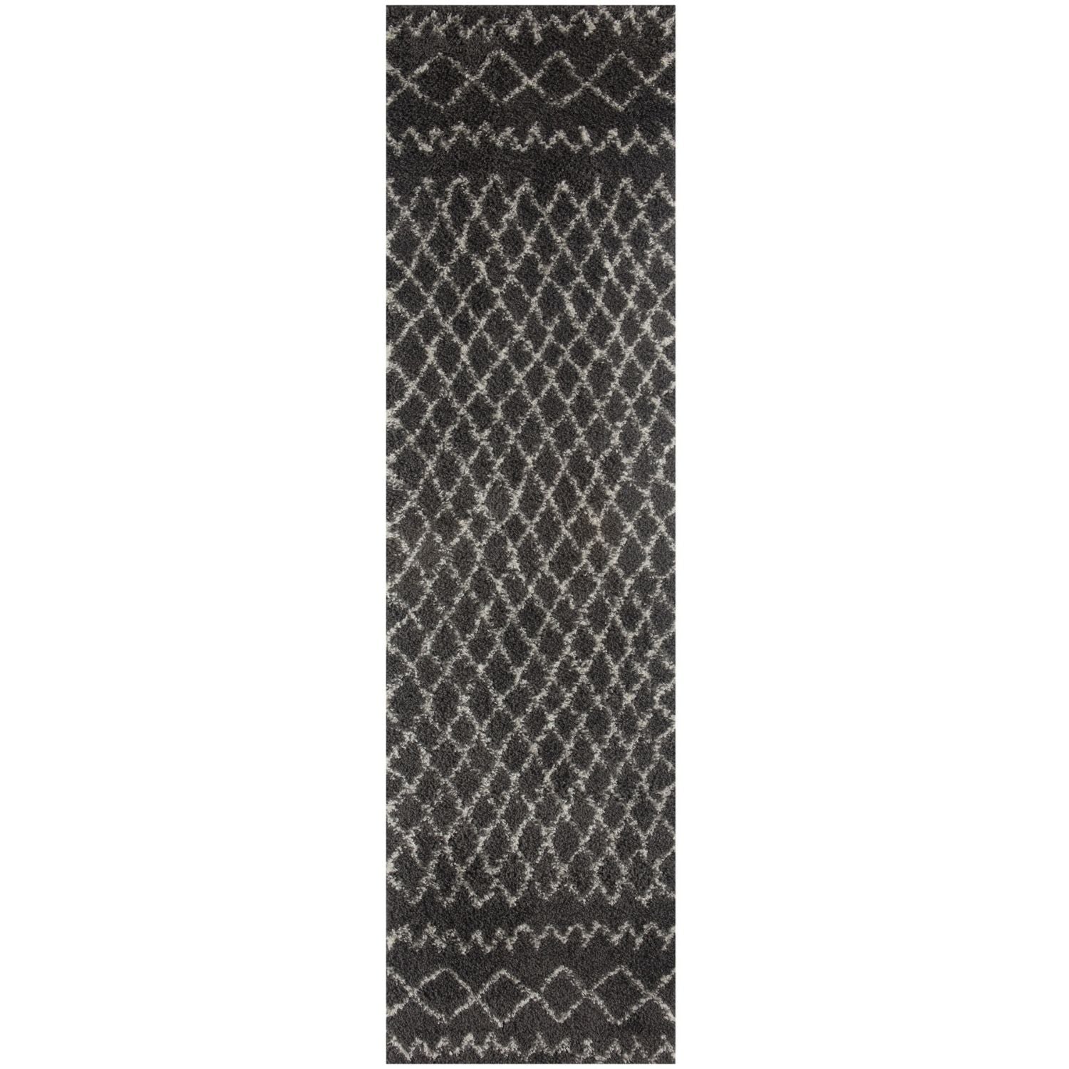 Moroccan dark grey shaggy rug with a textured diamond pattern in lighter grey perfect for cozy spaces