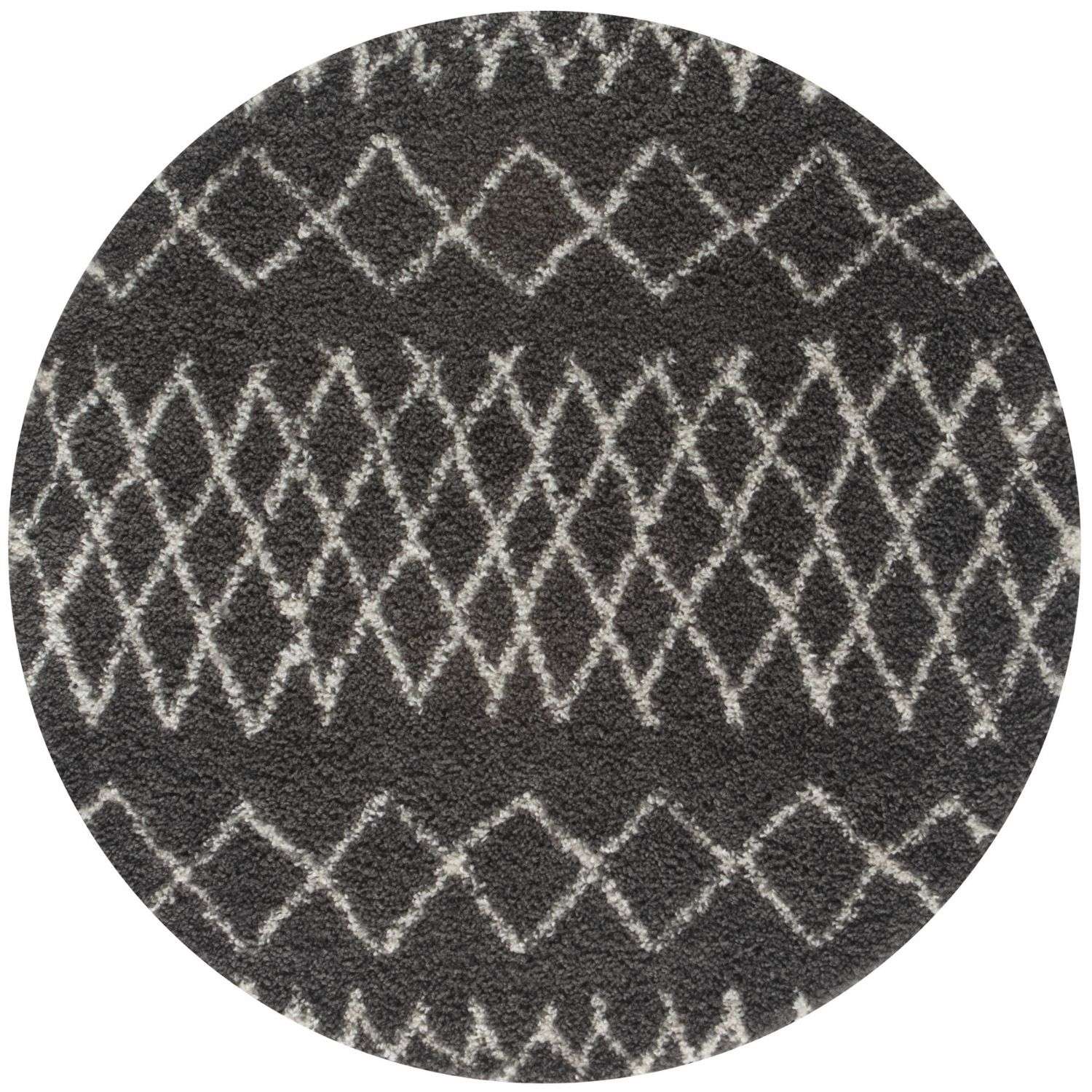 Moroccan dark grey circular shaggy rug with a textured surface and white diamond geometric pattern