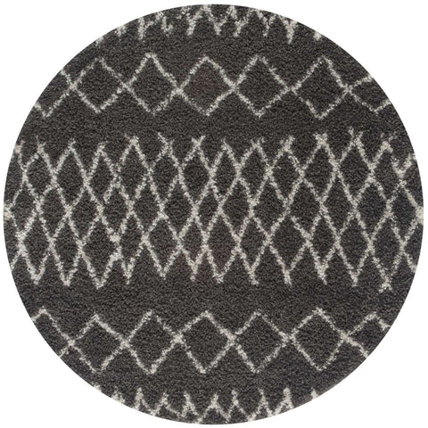 Moroccan dark grey circular shaggy rug with a textured surface and white diamond geometric pattern