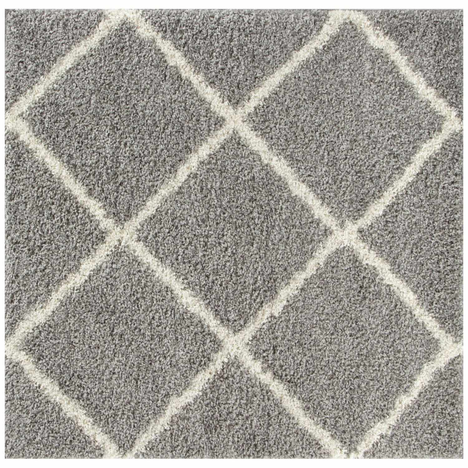 Moroccan grey shaggy rug with a soft grey shaggy texture and cream diamond pattern for cozy stylish floors
