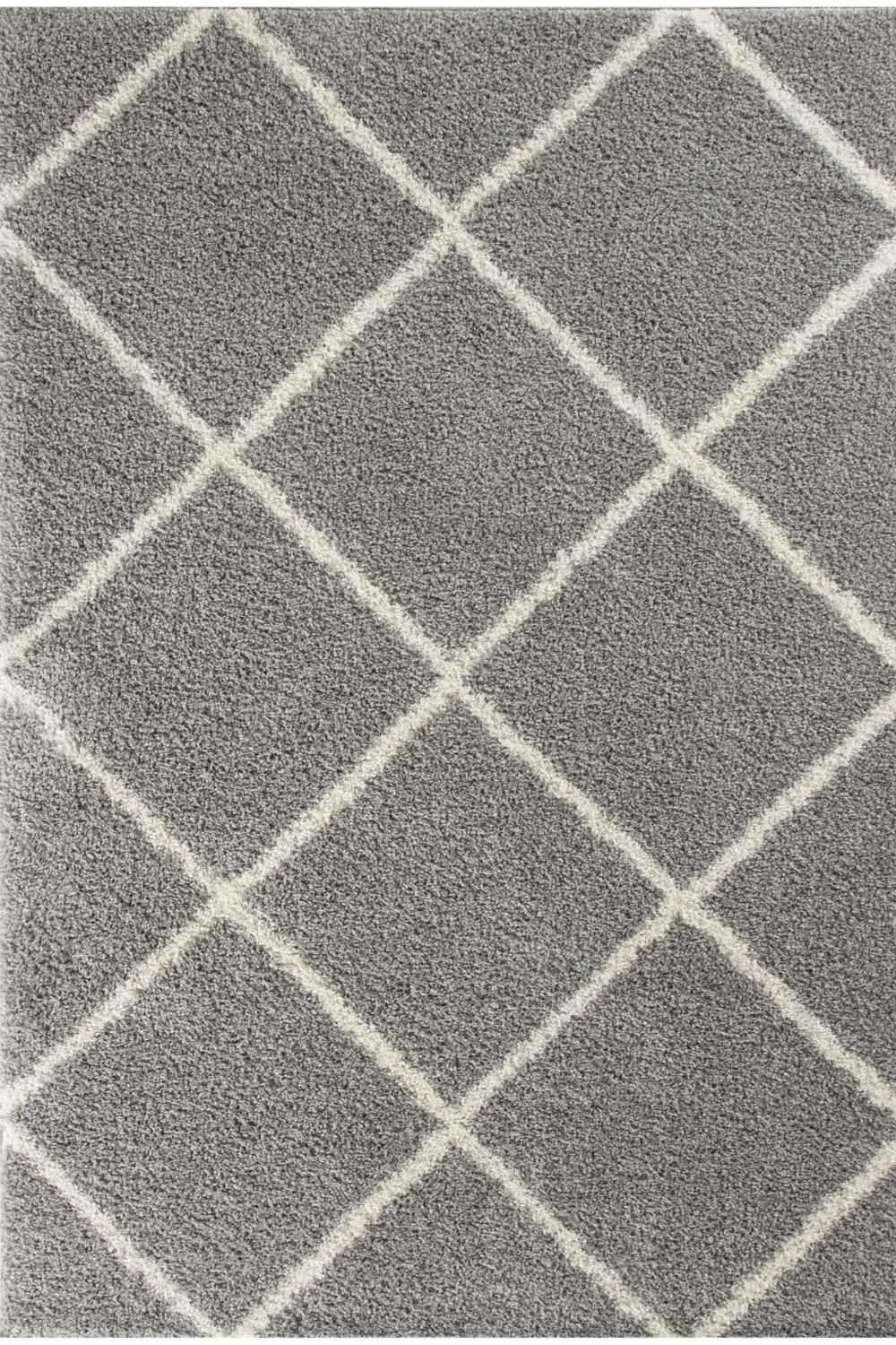 Moroccan grey shaggy rug with a soft grey shaggy texture and off-white diamond pattern perfect for cozy spaces