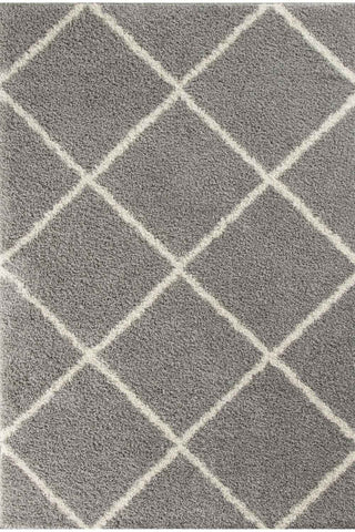 Moroccan grey shaggy rug with a soft grey shaggy texture and off-white diamond pattern perfect for cozy spaces