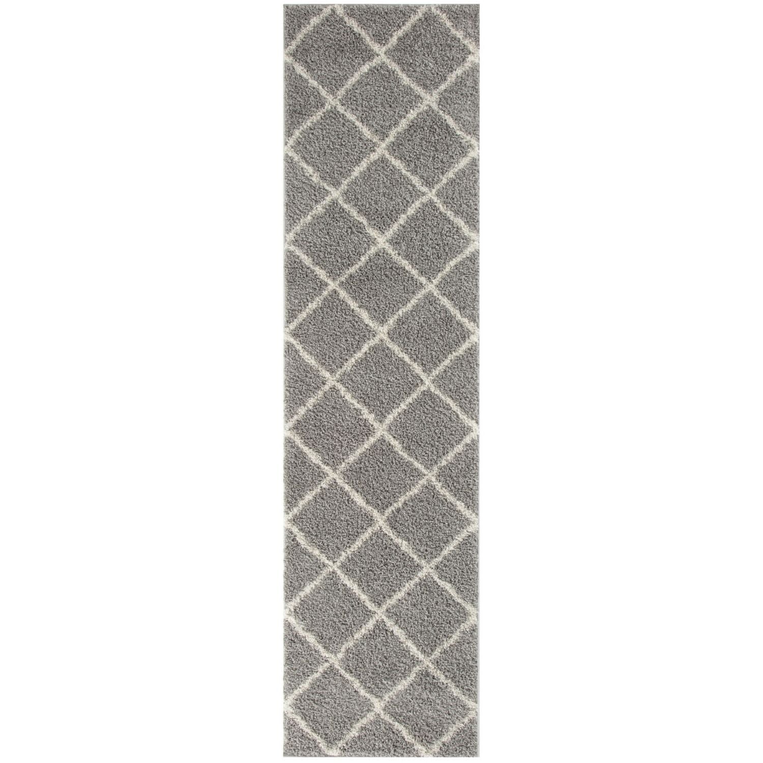 Moroccan grey shaggy rug with a soft grey shaggy texture and off-white diamond pattern perfect for stylish living spaces