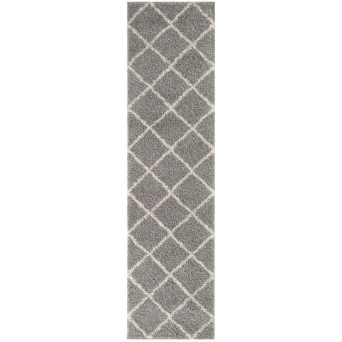 Moroccan grey shaggy rug with a soft grey shaggy texture and off-white diamond pattern perfect for stylish living spaces