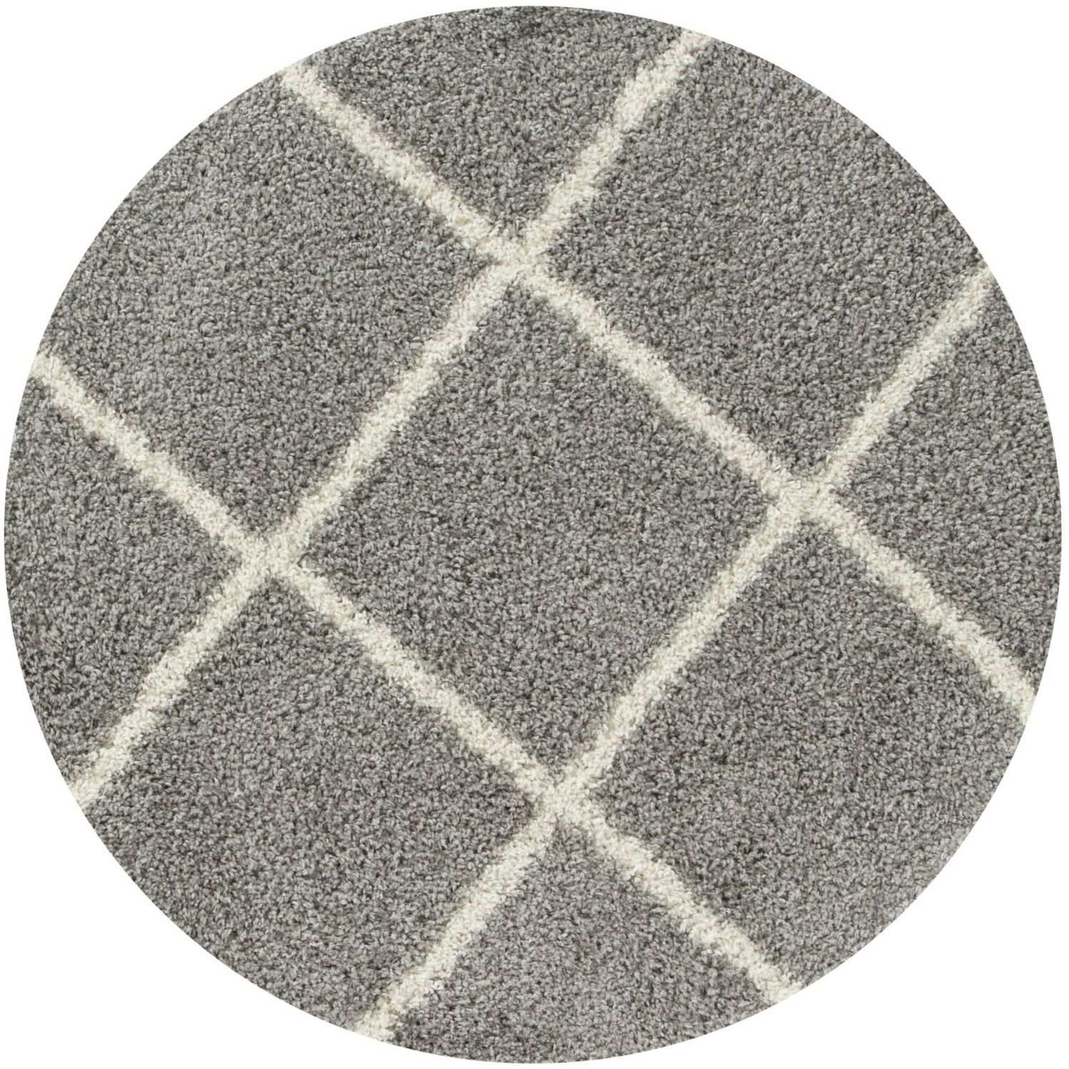 Moroccan grey shaggy circular rug with plush textured surface and cream diamond pattern lines in grey shaggy rug style