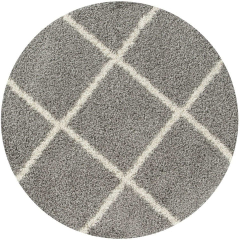 Moroccan grey shaggy circular rug with plush textured surface and cream diamond pattern lines in grey shaggy rug style