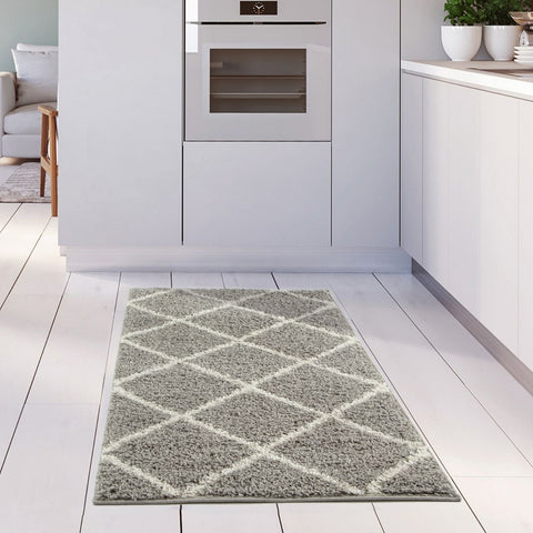 Moroccan grey shaggy rug with cream diamond pattern featuring soft grey shaggy texture and stylish moroccan grey design