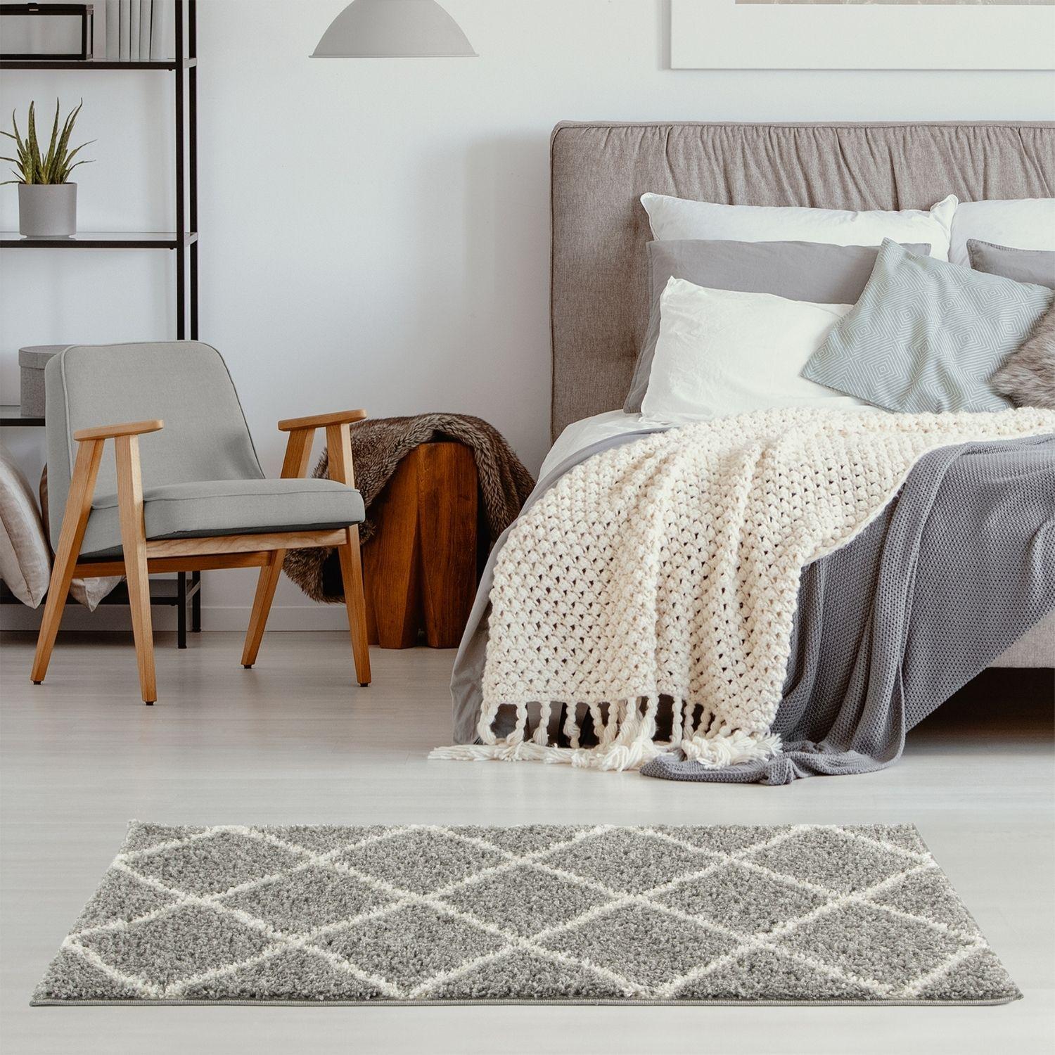 Moroccan grey shaggy rug with a gray and white diamond pattern perfect for cozy modern spaces