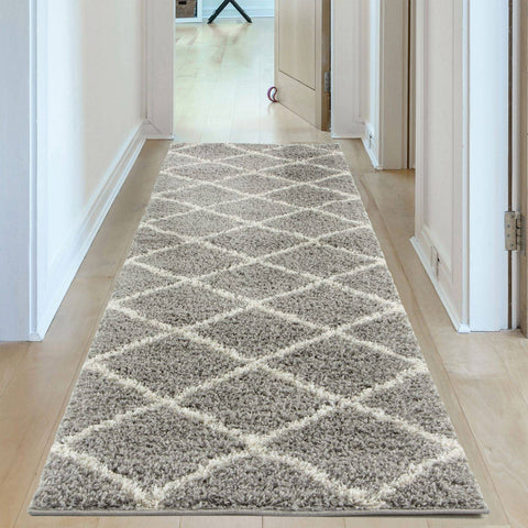 A plush moroccan grey shaggy runner rug with cream diamond pattern and soft shaggy texture perfect for cozy spaces