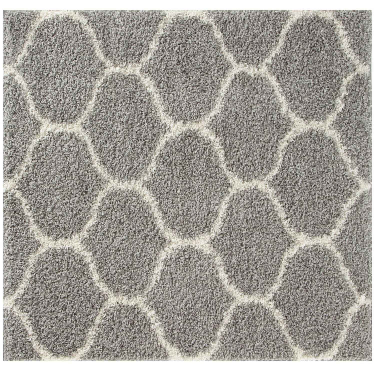 Moroccan grey shaggy rug with soft textured surface and off-white geometric honeycomb pattern in grey shaggy rug style