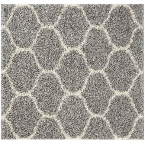 Moroccan grey shaggy rug with soft textured surface and off-white geometric honeycomb pattern in grey shaggy rug style