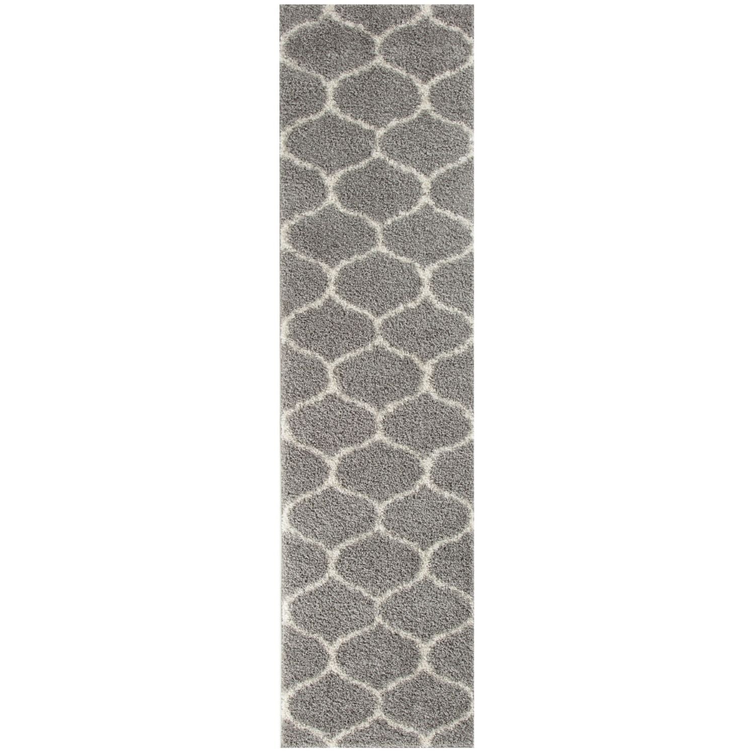 Moroccan grey shaggy rug with grey and white geometric pattern and plush textured surface perfect for cozy spaces