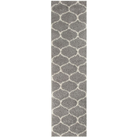 Moroccan grey shaggy rug with grey and white geometric pattern and plush textured surface perfect for cozy spaces