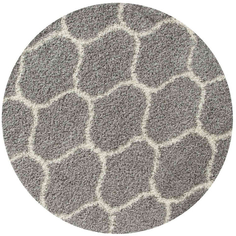 Moroccan grey shaggy rug with a fuzzy textured surface and off-white honeycomb pattern in grey tones