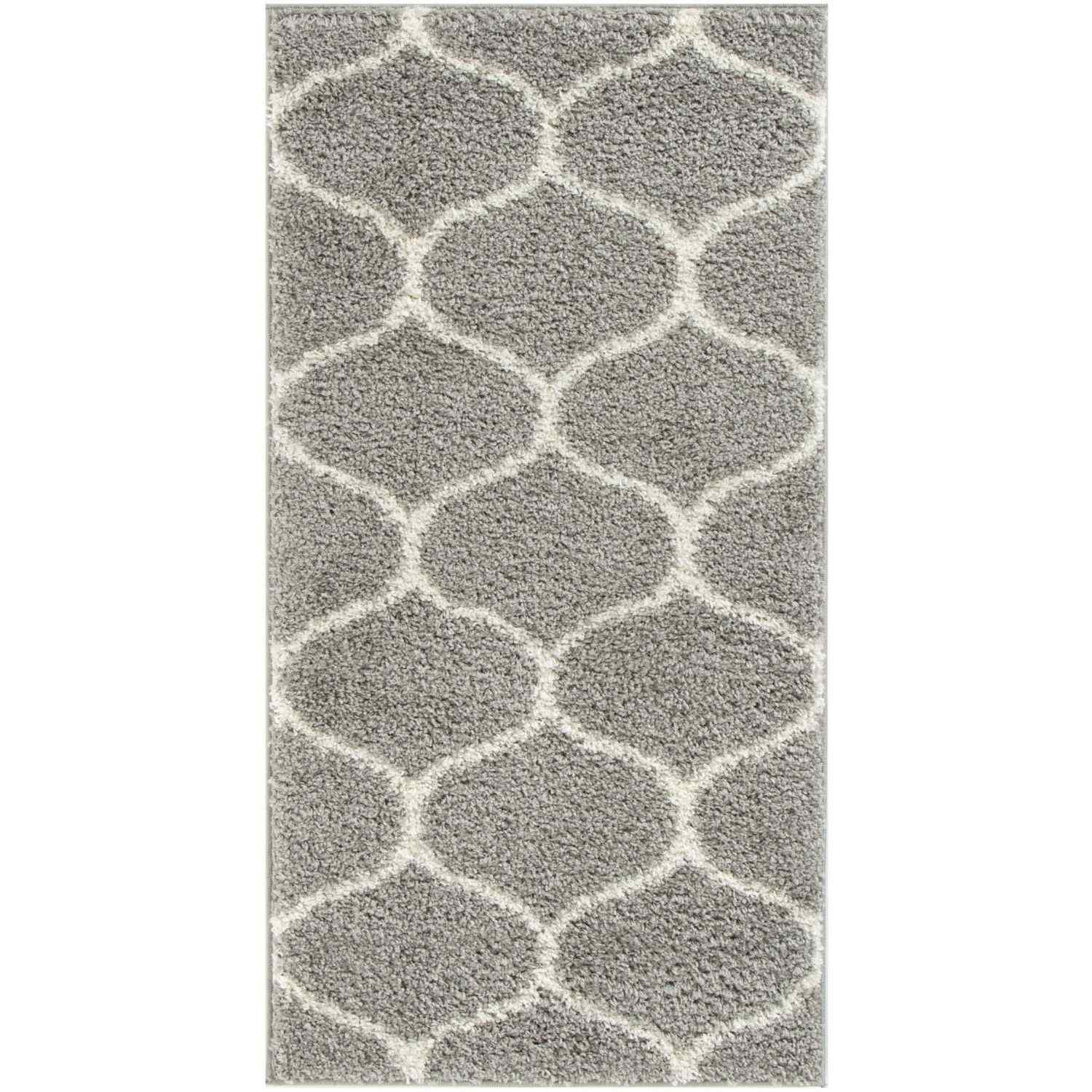 Moroccan grey shaggy rug with a soft grey shaggy texture and a repeating white geometric pattern for stylish decor