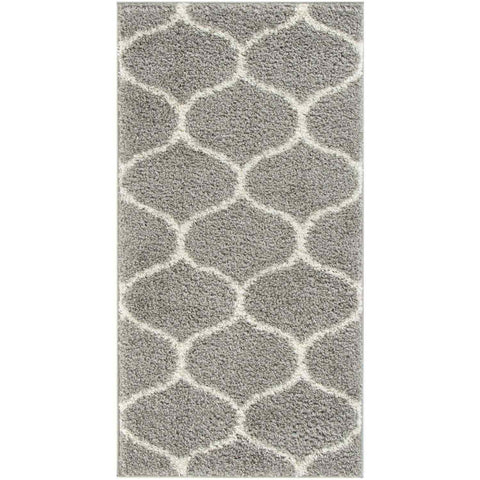 Moroccan grey shaggy rug with a soft grey shaggy texture and a repeating white geometric pattern for stylish decor