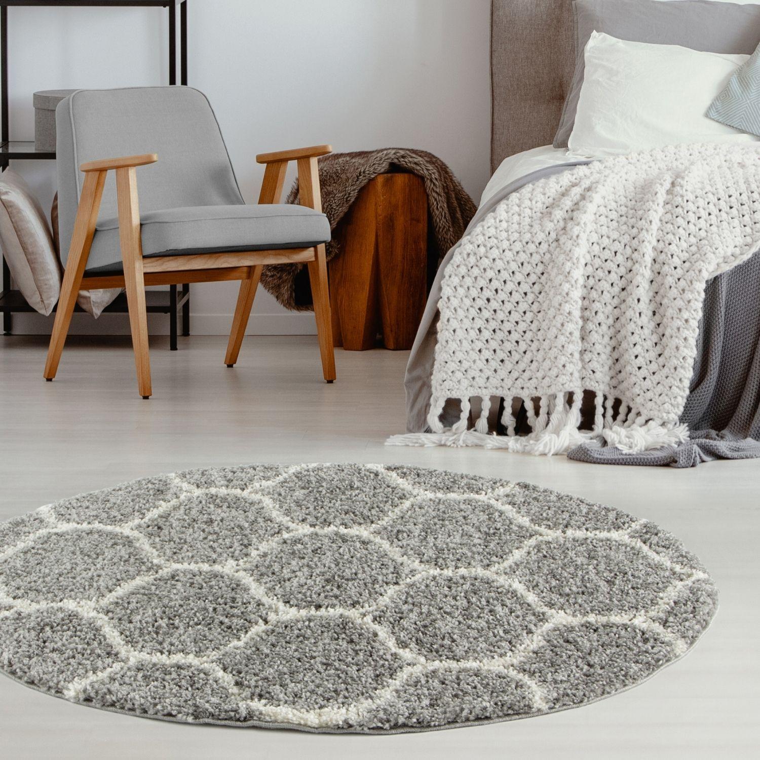 Moroccan grey shaggy round rug with grey and white geometric honeycomb pattern perfect for cozy spaces