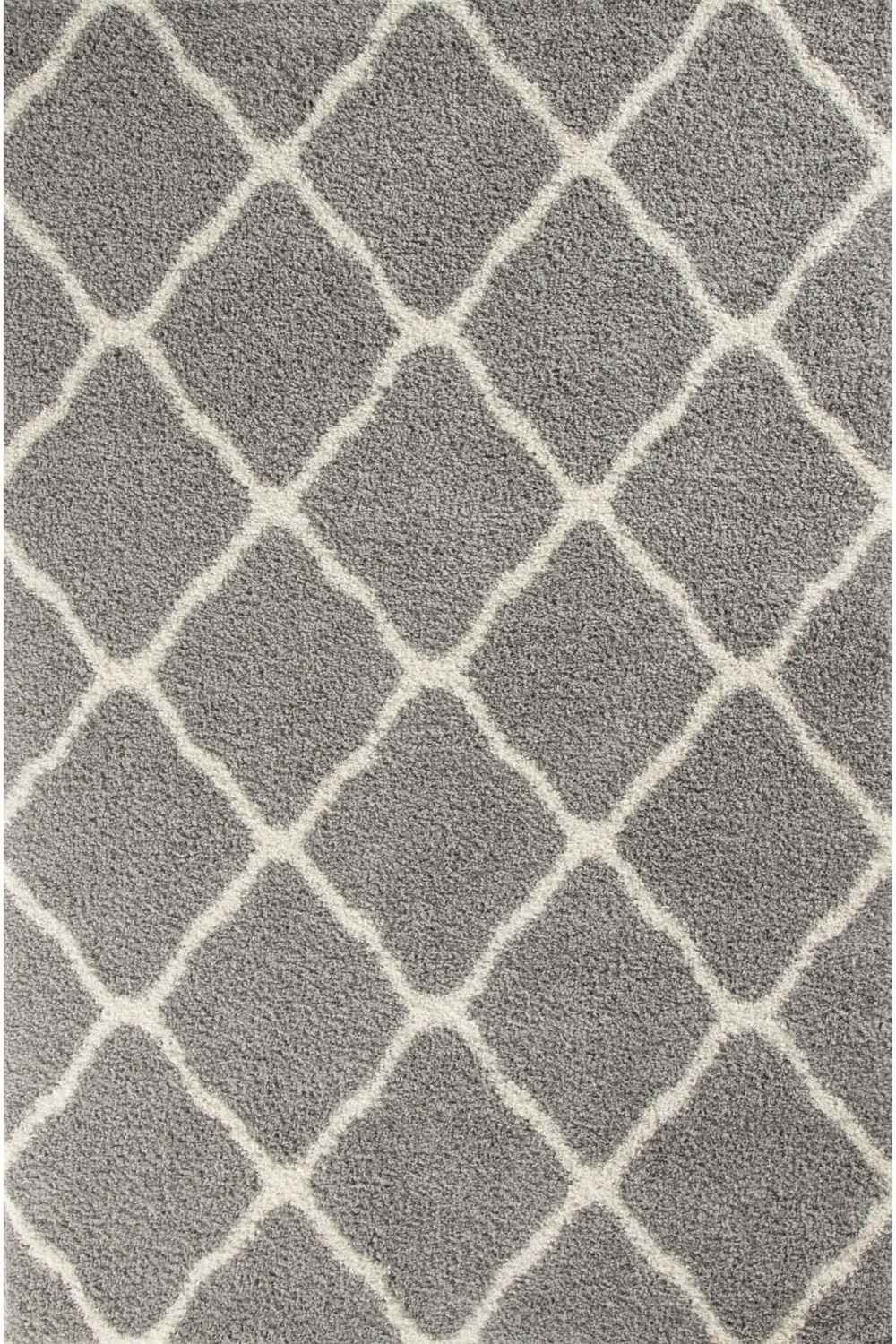 Moroccan grey shaggy rug with soft plush texture and elegant off white diamond pattern in grey shaggy rug style