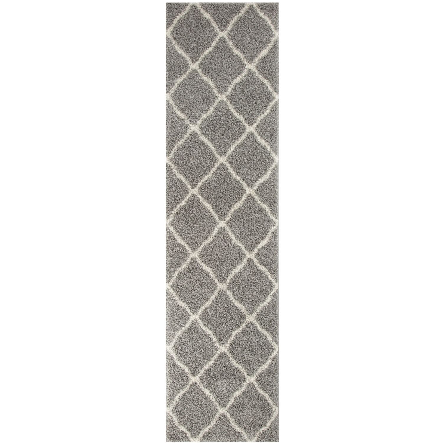 Moroccan grey shaggy rug with plush shaggy texture and elegant white diamond lattice pattern for cozy spaces