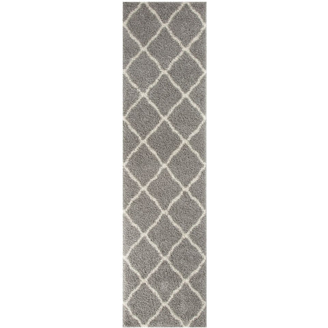 Moroccan grey shaggy rug with plush shaggy texture and elegant white diamond lattice pattern for cozy spaces