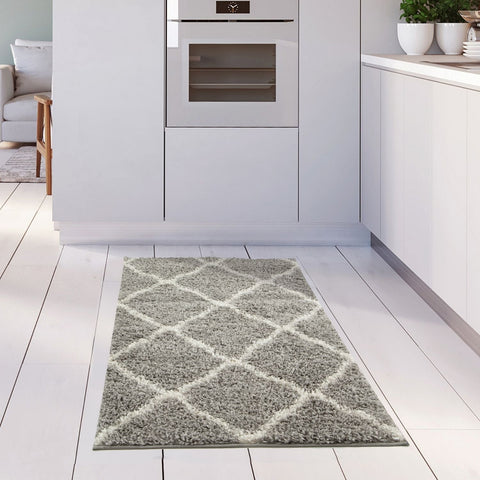 Moroccan grey shaggy rug with cream diamond pattern in soft grey shaggy texture perfect for cozy spaces