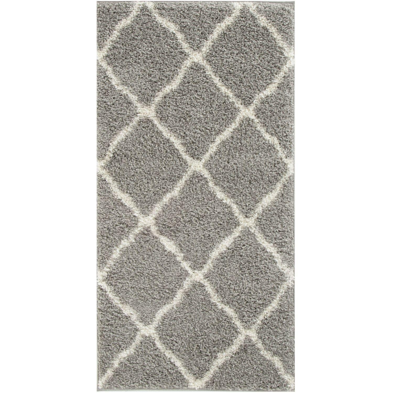 Moroccan grey shaggy rug with a soft grey shaggy texture and white diamond pattern for cozy stylish floors