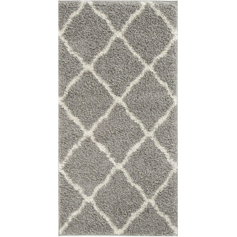 Moroccan grey shaggy rug with a soft grey shaggy texture and white diamond pattern for cozy stylish floors