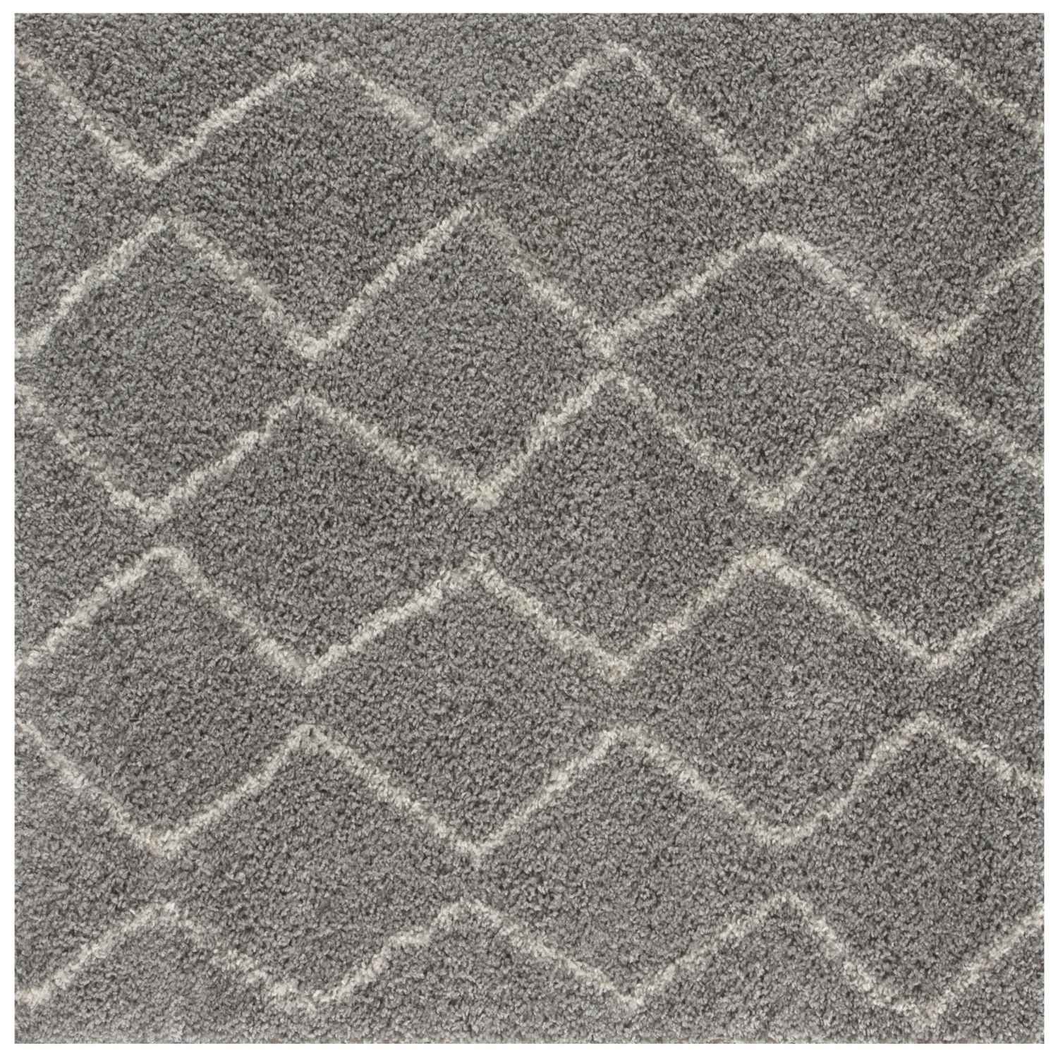 Moroccan grey shaggy rug with a grey shaggy texture and a subtle lighter grey geometric diamond pattern