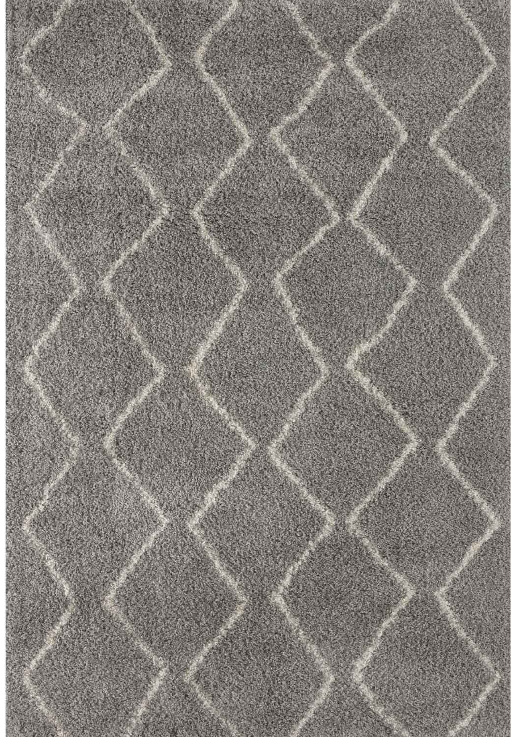 Moroccan grey shaggy rug featuring a grey shaggy texture with a lighter grey geometric diamond pattern